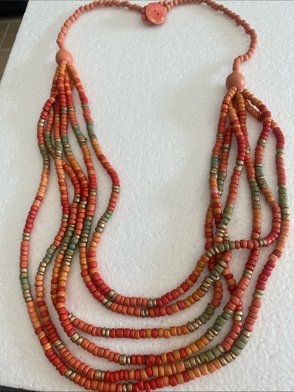 Multi-Strand Beaded Necklace - Coral, Orange & Olive